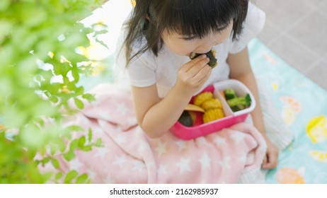 Four-year-old Child Eating Lunch Outside.