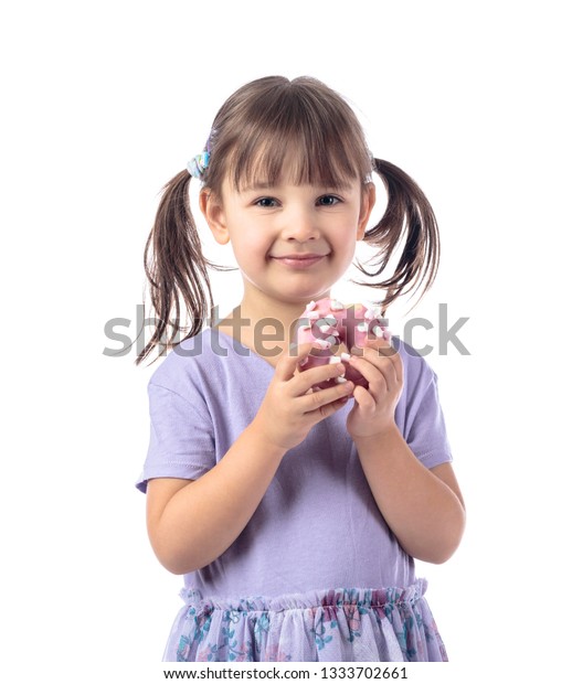 Fouryearold Girl Purple Tshirt Eat Donut Stock Photo Edit Now