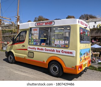 Fowey,Cornwall-September 1st, 2020: An ice cream van in Fowey at the height of summer  