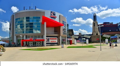 FOXBORO, MA - JULY 5: Gillette Stadium, home of the New England Patriots on July 5th, 2013. It is located 21 miles southwest of Boston and 20 miles from Providence, Rhode Island. It can sit 68756.