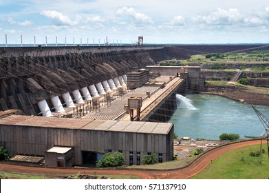 FOZ DO IGUASSU, PARANA / BRAZIL - NOVEMBER 26, 2013: East side of Itaupu Dam on Paraguayan side. The dam is a undertaking run by Brazil and Paraguay at the border between the two countries.