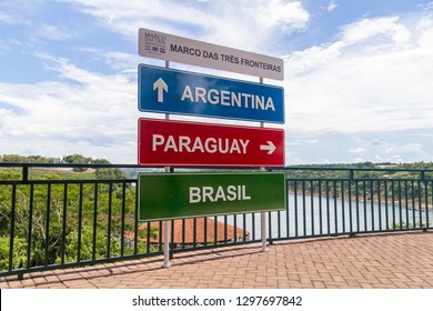 Foz Do Iguazu, Brazil. JAN 13, 2019: Three Borders - Brazil, Paraguay And Argentina. Tourist Complex Marco Of The Americas, Also Know As Three Borders Landmark. La Triple Frontera