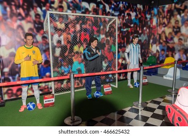 Foz Do Iguazu, Brazil - July 10, 2016: Neymar, Messi And Maradona Wax Figure At The Wax Museum In Foz Do Iguacu, Brazil