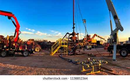 Fracking, Well Head Connected To Fracking Pumps.