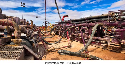 Fracking, Well Head Connected To Fracking Pumps.