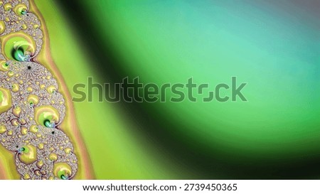 A fractal design shows complex patterns in green and yellow colors with smooth curves and detailed shapes creating a unique visual experience.