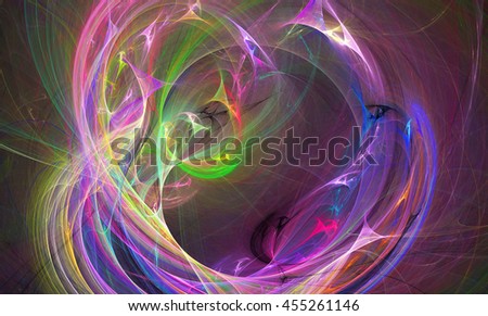 Fractal image of colorful lines forming a vortex motion.