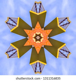 Fractal Star Made From A Real Estate Balcony Photo. Geometric Kaleidoscope Pattern On Mirrored Axis Of Symmetry Reflection. Colorful Shapes As A Wallpaper For Advertising Background Or Backdrop.