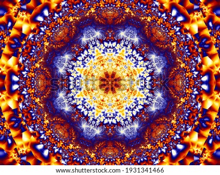 A fractal symmetrical pattern of red, yellow, brown, and blue elements, similar to a Persian carpet.
