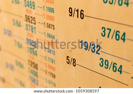 Fractional to decimal measurement size conversion chart yellowed from age covered in dust