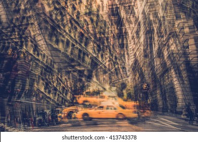 Fractured New York City scene with yellow taxi cab