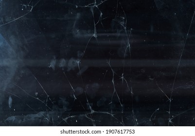 Fractured Overlay. Defocused Cracked Screen. Blur Dark Faded Weathered Laptop Display With Dust Scratches Fingerprints Marks Effect For Photo Editor.