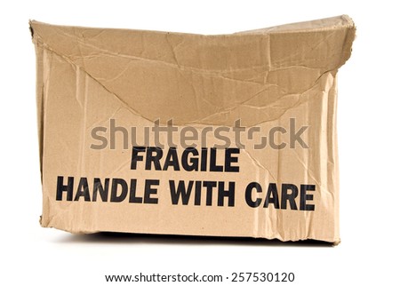Fragile Handle With Care Box Crushed On White Background