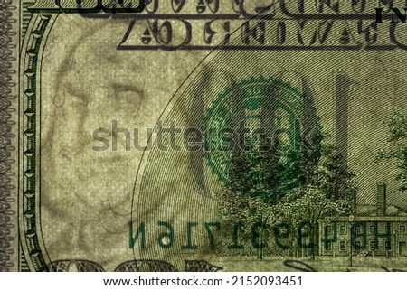fragment of 100 dollar banknote with visible details of banknote reverse for design purpose