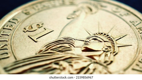 Fragment Of American 1 Dollar Coin. Statue Of Liberty And Sign Of National Currency. US Economy And Money. News About Inflation And Fed Rate. USA Public Debt And Treasury. Horizontal Stories. Macro