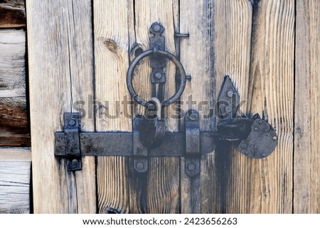Fragment of ancient church door. Close-up of wooden door with metal rusty ring. Antique elements and details of urban architecture.