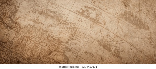 Fragment of an ancient globe. Old globe map background. A concept on the topic of sea voyages, discoveries, pirates, sailors, geography, travel and history.  