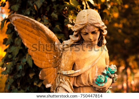 A fragment of ancient sculpture angel in a golden glow in the old cemetery. Symbol of love, invisible forces, purity, enlightenment, ministry. Chariot.
