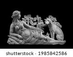 Fragment of ancient statue Diana (Artemida, Artemis) with two dogs. Powerful Goddess of the wildlife and hunting. Horizontal image.