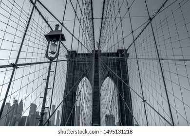 Fragment of the Brooklyn bridge in New York  in monochrome blue tonality - Shutterstock ID 1495131218
