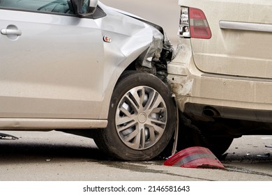 A fragment of a car that drove into the rear bumper of a car in front due to a violation of the distance.                                - Shutterstock ID 2146581643