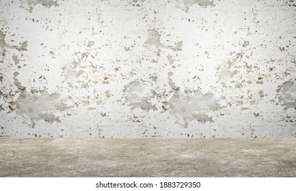 Fragment chipped white wall and concrete floor. Old grungy texture background