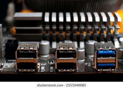 A fragment of a computer board with inputs for connecting peripheral devices