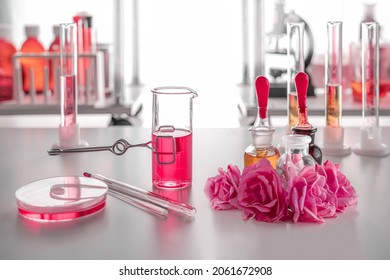 Fragment of desktop in up-to-date perfume laboratory. Flowers, petri dish, test tubes, pipettes, thermometer. Background blurred