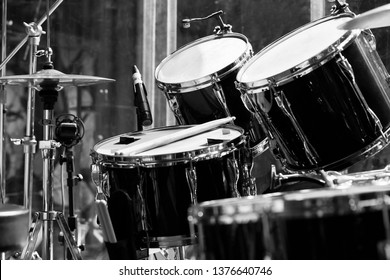 Fragment Of A Drum Set Close Up In Black And White