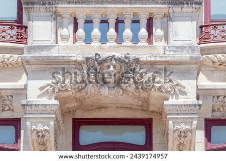 Fragment of facade architecture in Art Nouveau style of one of the Aveiro city buildings. decorated with sculpture detail. Aveiro known as Art Nouveau Museum City. Réseau Art Nouveau Network