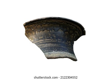 Fragment of glazed jar with single mouth-rim, dark and dull natural fly-ash glaze on exterior, isolated on white. Archaeology of ancient kiln sites in Lanna region, Ja-Manas kiln, Northern Thailand. 