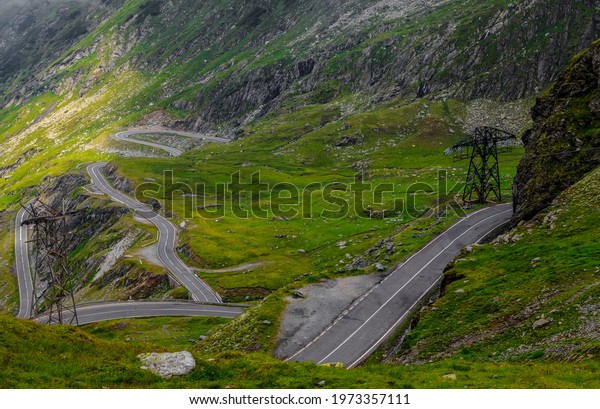 Fragment of a high\
altitude road in the mountains. Location:Transfagarasan road the\
highest road in\
Romania.