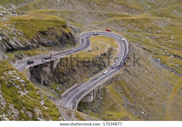 Fragment of a high\
altitude road in the mountains.Location:Transfagarasan road the\
highest road in\
Romania.