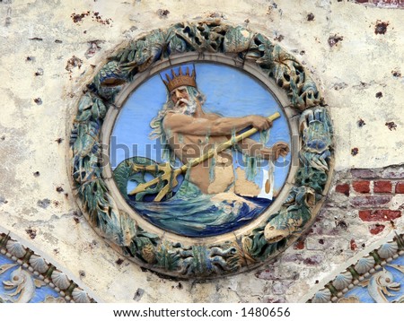 Fragment of the Historical Childs Restaurant Building in Coney Island, Neptune holding a trident, and dripping with seaweed