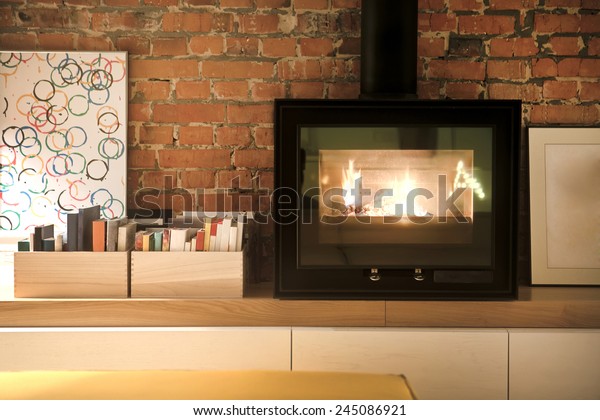 Fragment Interior Loft Burning Fireplace Picture Stock Photo Edit