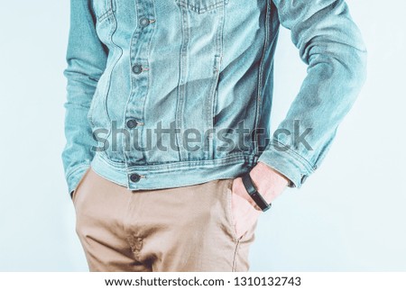 Similar – Foto Bild Frau mit Jeansjacke und silberner Armbanduhr