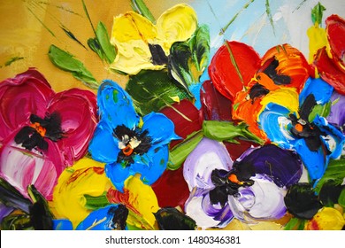 Fragment of an oil painting. Drawn bright multi-colored flowers. Abstract colorful background