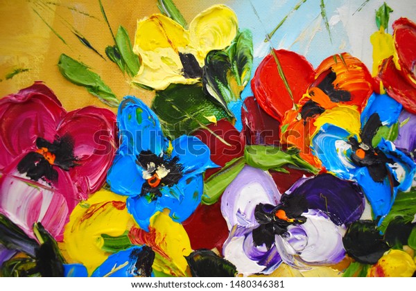 Fragment of an oil painting. Drawn bright multi-colored flowers abstract wall mural. 