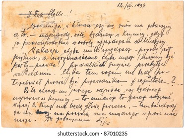 Fragment Of An Old Handwritten Letter, Written In Polish In 1937. Rich Stain And Paper Details. Can Be Used For Background.