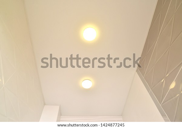 Fragment Opaque Stretch Ceiling Lamps Apartment Stock Photo