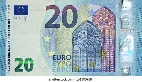 Fragment part of 20 euro banknote close-up with small blue details