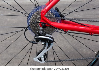 Fragment of rear wheel and frame of modern bicycle with set of sprockets and rear derailleur of gear change on a blurred background