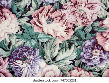 Fragment Of Retro Tapestry Fabric Pattern With Colorful  Floral Ornament On White Background.