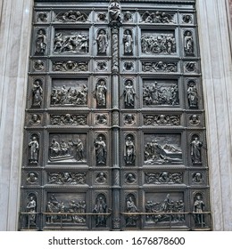 A fragment of the richly decorated cast-iron gate of St. Isaac's Cathedral with scenes of the life of Saints Peter and Paul - Shutterstock ID 1676878600