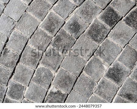 Fragment of a stone sidewalk. Cobble circular pattern block pavement texture. Paving floor, top view. Close up.