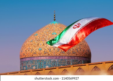 Fragment Of Traditional Iranian Architecture And Iran's National Flag. 