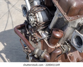 Fragment Of Truck Engine. Engine For Cargo Vehicle. Motor Car Close Up. Concept Of Sale And Service Of Auto Parts. Truck Engine After Overhaul. Motor Vehicle In Open Air. Automotive Industry