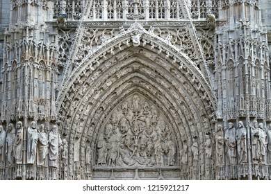 Fragment of western facade of Rouen Cathedral (Cathedrale de Notre-Dame, 1202 - 1880). Rouen in northern France on River Seine