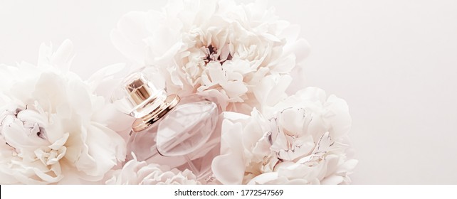 Fragrance Bottle As Luxury Perfume Product On Background Of Peony Flowers, Parfum Ad And Beauty Branding Design