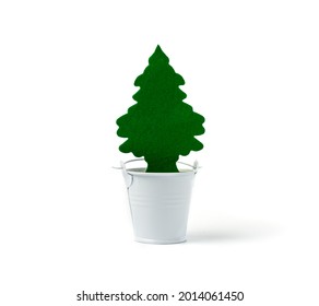 Fragrance For The Car Interior, Made In The Form Of A Green Tree In A Small White Bucket. Fresh Air, New Year And Christmas Concept. Copy Space. Isolated On White. Copy Space.